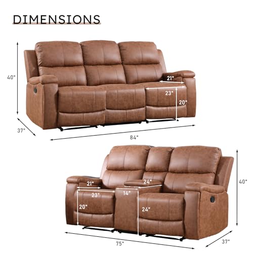 Image of CANMOV Faux Leather Manual Recliner Sofa Set, Manual Reclining Sofa and Recliner Loveseat with Center Console, Hidden Storage and Cup Holders for Living Room,Bedroom Furniture,Brown