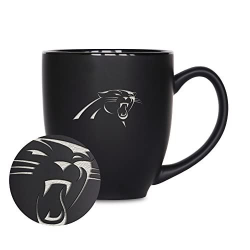 Rico Industries NFL Football Carolina Panthers Main 15oz Laser Engraved Matte Black Ceramic Bistro Mug - for Hot or Cold Drinks