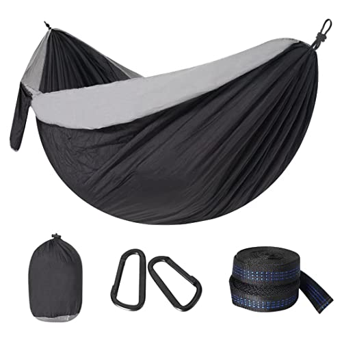 BLUU Double Camping Hammock Set, Parachute Lightweight Hammock with Tree Straps & Assesories - 100% Recyclable 210T Nylon -2 Person Hammocks for Outside, Camp, Backpacking, Hiking, Indoor Use (Black)