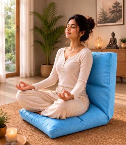 Image of Kawachi Reclining Meditation Floor Chair | Adjustable 5-Position Backrest | Foldable Seating for Yoga, Study, Relaxation & Home Use | Lightweight & Comfortable Design (Sky Blue)