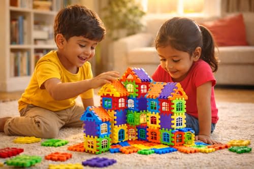 Image of House Building Blocks for Kids 3+ Years, 92 Pcs | Interlocking STEM Construction Toy, Creative Play, Fine Motor Development, Birthday Return Gift