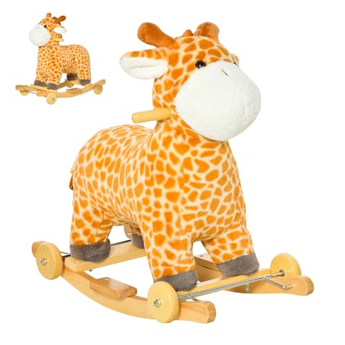 HOMCOM Jouet à Bascule Girafe et Porteur sur roulettes 2 en 1 Fonction sonore mugissement Bois peuplier Peluche Courte Polyester tacheté, pour 36-72 mois, inclus manuel
