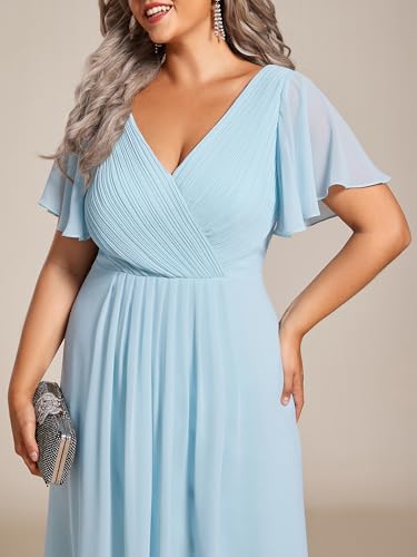 Image of Ever-Pretty Plus Summer Short Sleeves V-Neck Formal Wedding Guest Dresses for Curvy Women Chiffon Midi Cocktail Party Dress