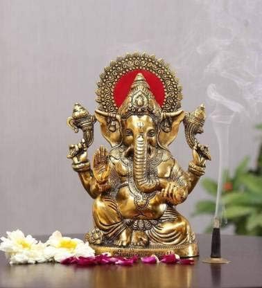 Fashion Bizz Ganesha Idol Statue Hindu God Ganpati Murti for Home Pooja Entrace Decor Good Luck Vaastu Decoration Showpiece 9.5 Inch Golden Decorative Showpiece (Gold Plated, Gold)