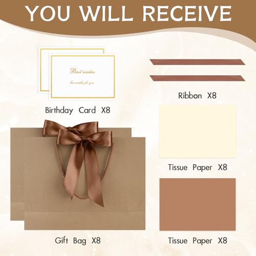 Image of JMANNI Gift Bags with Handles, 13 inch Medium Gift Bag for Presents, 8 Pcs Bags with 16 Tissue Paper and 8 Cards for Baby Shower Wedding Bridal Shower Mother's Day Birthday Party (brown