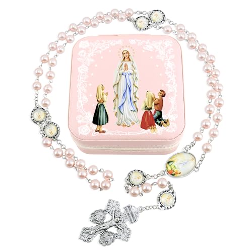 Catholic Rosary Necklace for Women with 8MM Glass Pearl Beads - Our Lady of Lourdes & Immaculate Heart of Mary Jewelry Gift, Travel Case, First Communion