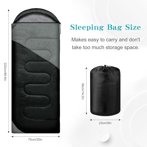 Yarmiene Sacco a Pelo-Sacco a Pelo 4 Stagioni-Adulti e Bambini, Sacco a pelo Compatto Ultraleggero per Campeggio ed Escursionismo, Sacco a Pelo da Campeggio Rettangolare Portatile,Nero+Grigio - 2