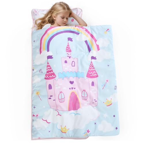 Image of PHF Soft Toddler Nap Mat with Removable Pillow, Rollup Design Kids Sleeping Mat, Slumber Bags for Girls, 50 inchx20 inch Toddler Sleeping Bag for Daycare Preschool Travel Camping, Castle