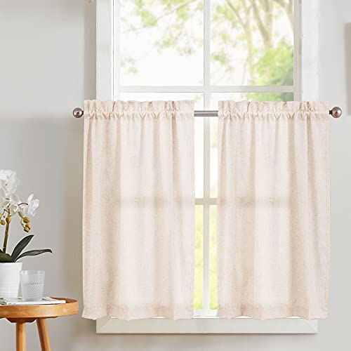Vangao Kitchen Curtains 24 Inch Length Cafe Curtains Linen Textured Beige Tier Curtains Rod Pocket Short Curtains for Small Window Bathroom Basement Crude 2 Panels
