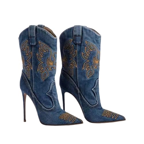 Image of Saint Leia Women's Embroidered Western Cowboy Stiletto Heel Boots Pointed Toe Pull-Up Tabs Classic Cowgirl Dress Boot