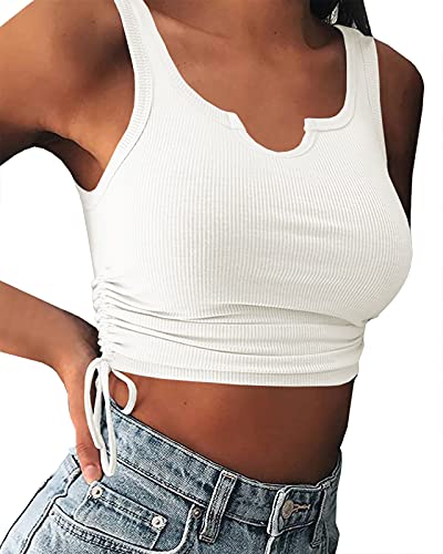 Wenrine Womens Crop Tops Ruched Drawstring Scoop Neck Sleeveless Ribbed Knit Summer Workout Basic Tank Top (Small, Z-White)