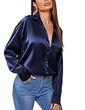 Zeagoo Silk Blouses for Women UK Satin Long Sleeve Button Down Shirt Casual Work Office Silky Blouse Top Navy Blue S