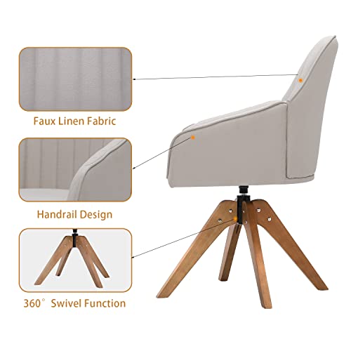 Furniliving 36.8'' Mid Century Modern Swivel Accent Chair For Living Room, Wood Desk Chair With Arms Mid Back Arm Chairs Upholstered Home Office Chair No Wheels For Home Office/Bedroom, Beige #TOP3