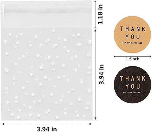 400Pcs White Polka Dot Treat Bags Self Adhesive Candy Cookie Bags, 200 Clear Cellophane Bags + 200 Thank You Sticker For Bakery Biscuit Snacks Dessert,3.94X3.94Inches #TOP1