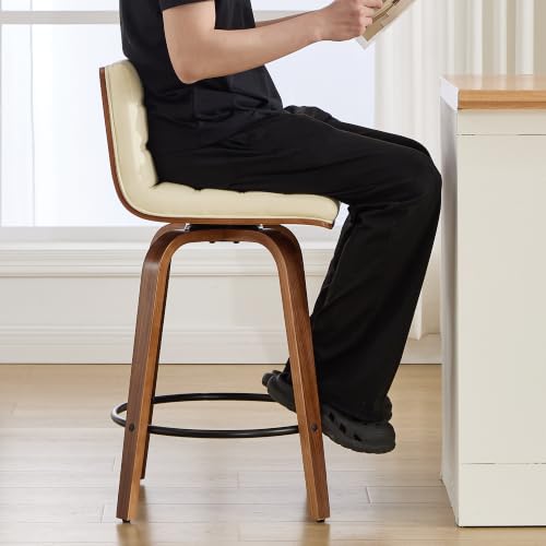 Image of Swivel Bar Stools Set of 1,26 inch Faux Leather Counter Height Barstools with Back,Mid Century Modern Upholstered Bar Chairs with Bentwood Legs Island Stools for Kitchen Counter Beige
