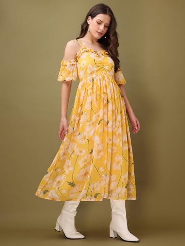 Purvaja Womens Sweetheart Neck Georgette Midi Dress (Floe-112-Yellow_Medium)