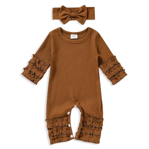 Image of GRNSHTS Newborn Baby Girls Ruffle Romper Solid Long Sleeve Jumpsuit One-Piece Coming Home Clothes With Headband