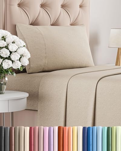 Twin Size 3 Piece Sheet Set - Comfy Breathable & Cooling Sheets - Hotel Luxury Bed Sheets for Women & Men - Deep Pockets, Easy-Fit, Soft & Wrinkle Free Sheets - Heathered Beige Oeko-Tex Bed Sheet Set