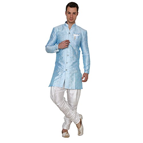 Wondercraft Sherwani indowestern di seta jacquard etnico da uomo, Blu, 50