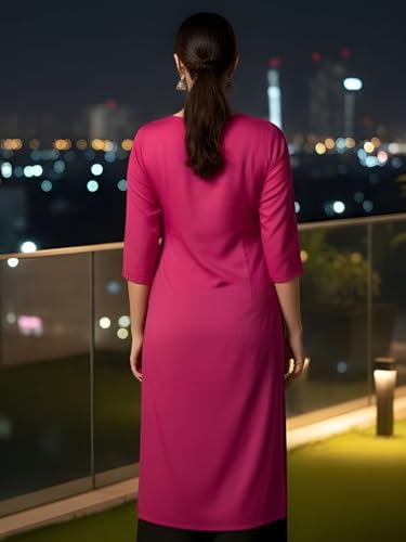 Image of Saanjh Women's Fit Straight Cotton Blend Long Kurta, 3 /4 Sleeve, Knee Length Kurtis, Casual and Office Wear