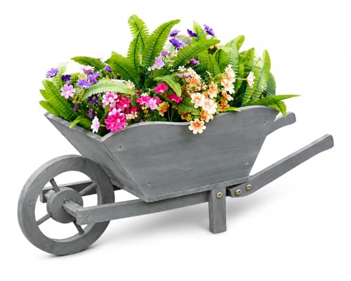 Image of BBSK Grey Wooden Wheelbarrow Planter Box, Rustic Farmhouse Style, for Garden, Patio, Porch, Lawn & Balcony Décor, 69x28 cm