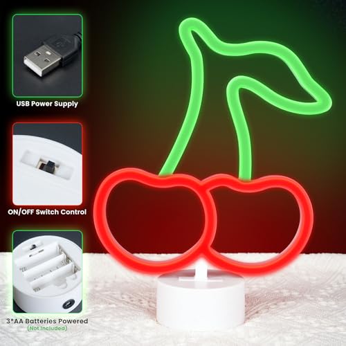 Image of Cherry Neon Sign with Base for Wall Decor Red Green Cherry Lights LED Signs Gift for Women Fruit Shape Neon Signs Cereza Birthday Party Home Living Room Decoration USB /Battery Powered