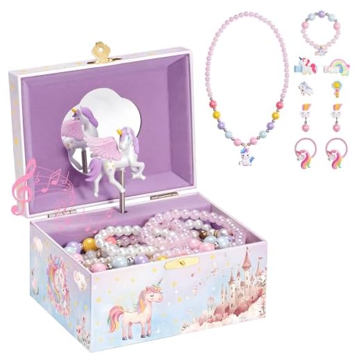 ProCase Kinder Musik Box Schmuckkästchen mit Spieluhr Einhorn, Schmuckschatulle mit Melodie für Mädchen (Mit Schmuckset)