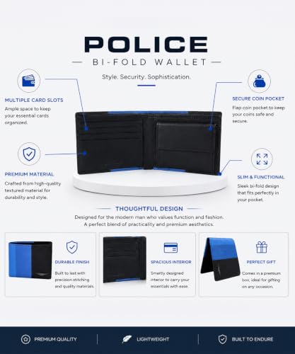 Image of Police Men's Genuine Leather Bifold Wallet with Coin Pocket | 4 Card Slots | Slim Wallet| 2 slip in pockets |Gift box packaging
