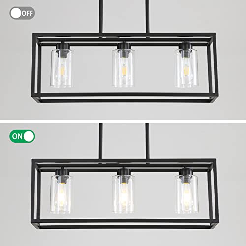 Black 3-Light Dining Room Light Fixture, Modern Farmhouse Chandeliers, Linear Rectangular Kitchen Island Lighting, Industrial Vintage Pendant Lighting With Clear Glass Shade Height Adjustable #TOP6