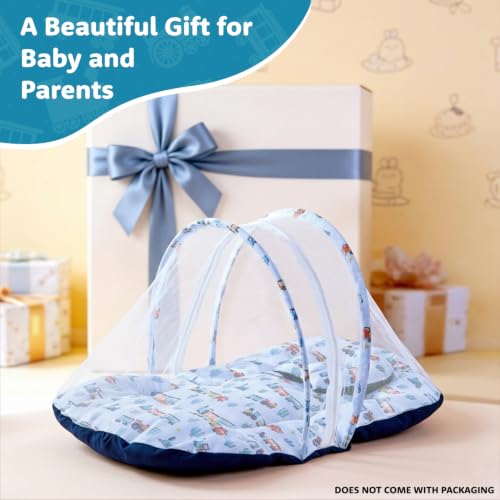 Image of Amazon Brand - Supples Baby Bed Mattress with Mosquito net | Toy Vehicle Print | Blue