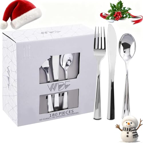 WDF 180 Pieces Silver Plastic Silverware - Silver Plastic Cutlery - Fancy Plastic Silverware Heavy Duty - 60 Forks 60 Knives 60 Spoons - Disposable Plastic Utensils Perfect for Party/Wedding/Christmas WDF 180 Pieces Silver Plastic Silverware - Silver Plastic Cutlery - Fancy Plastic Silverware Heavy Duty - 60 Forks 60 Knives 60 Spoons - Disposable Plastic Utensils Perfect for Party/Wedding/Christmas