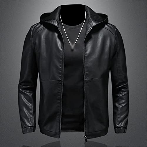 Chaqueta casual con capucha de cuero sintético negro para hombre miniatura 3