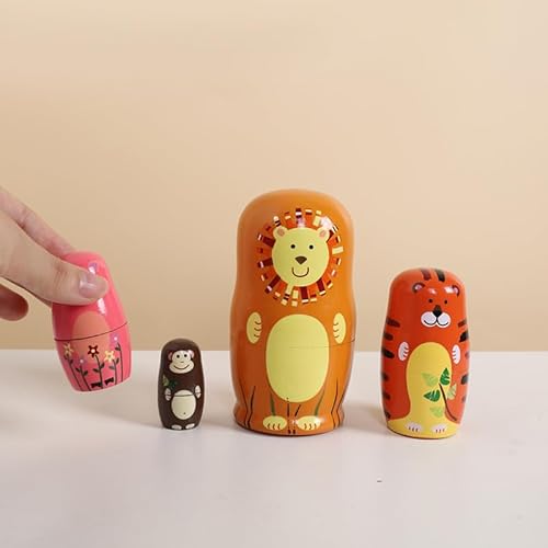 Russische Matroschka für Kinder 5 Stück Tiere Matrjoschka Puppen Holz Russische Nistpuppen, Matruschka Figuren Stapeln Puppen Spielzeug Geschenk für Kinder Geburtstag (Animals)