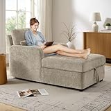Arcrinte 57.9' Modern Chaise Lounge Chair with Adjustable Backrest & Storage, Oversized Chenille Upholstered Indoor Lounge Sofa with 2 Pillows, Comfy Reading Chair for Living Room & Bedroom(Camel)