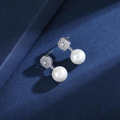 Womens Shell Pearl Earrings White Sterling Silver Dangling Drop with Velvet Gift Box2