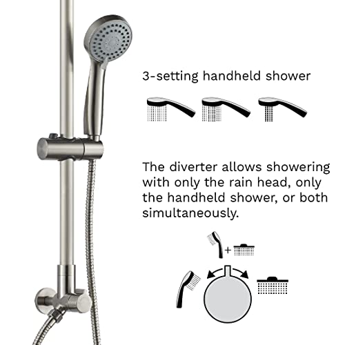 Fennocasa Polaris 3 Retrofit Rain Shower System, 3-Setting Handheld Shower Combo With Slide Bar, 8" Low Profile Shower Head (2.5 Gpm Brushed Nickel) #TOP2