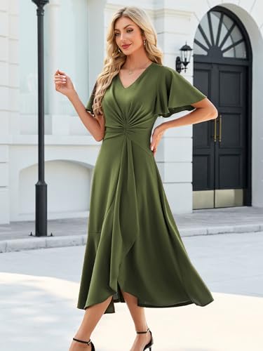 Image of QMZ Wedding Guest Dresses for Women V Neck Cocktail Dress Ruffle Sleeve A Line Evening Party Formal Dresses for Women