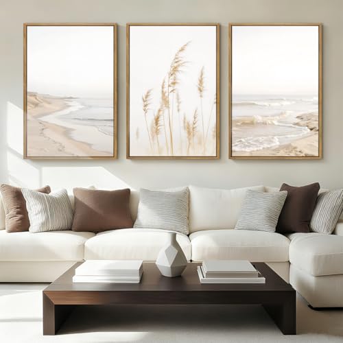 HPNIUB Modern Beach Artwork Seascape Wall Art, Seaside Framed Painting Reed Pathway Picture, Minimalist Neutral Coastal Landscape Wall Decor for Living Room,Bathroom -24'' x36'' x3