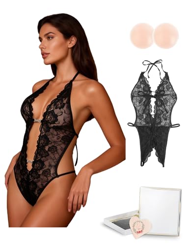 ohmydear Damen Body Mesh Spitze mit Nippelpads Curvy Große Größen Overall Teddy Bodysuit mit Verstellbaren Trägern Tiefer V-Ausschnitt Spitzen-Body für Frauen Dates Schwarz
