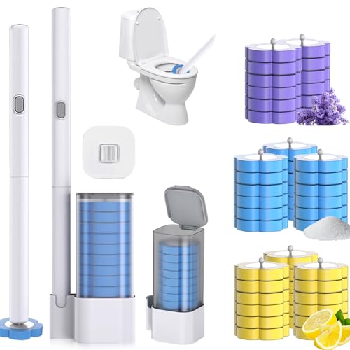 Xkimos 48Pcs Toilet Brush Set Wall-Mounted Toilet Brushes & Holders with 48 Toilet Scrubber Refills Wall Mounted Compact Bathroom Bowl Wand Cleaning System Long Handle with Storage Caddy