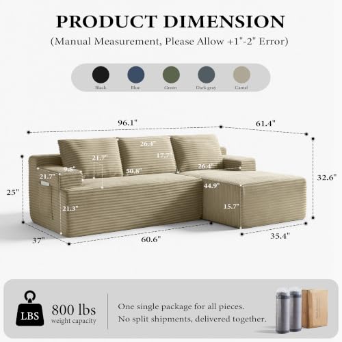 Image of 96 inch Sectional Couches for Living Room Cloud Couch Sofa with L-Shape Upholstered Boneless Couchs Modern Modular Sectional Couch with Chaise (Camel, 96 inch W+Right Facing Chaise+2Seaters)