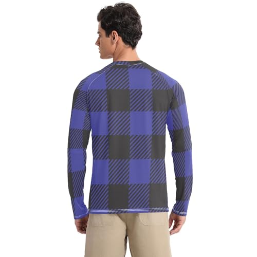 Black Blue Plaid Men's Rash Guard Loose Crew Neck Elasticity Long Sleeve Sun Protection UPF 50+ Hiking2