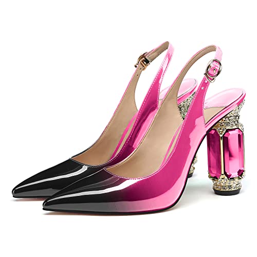 Image of JANSEVEN Women Chunky Heels Pumps Crystal Block Heels with Rhinestones Pointed Toe Sexy Gradient Patent Leather Slip on Bridal Party Wedding Dress Shoes 5-13 M US