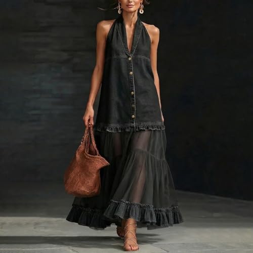 Robe d'été longue en maille rustique avec patchwork transparent chic