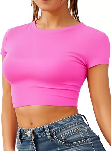 Re Tech UK - Women's Basic Ladies Short Sleeve Stretchy Crop Tops for Women, Slim Fit Crew Neck, Cropped T Shirt, Summer, Cute, Tshirt, Sizes 8-14 (M/L 12-14, Hot Pink)
