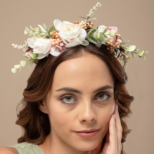 Image of Radhu & Kabby White & Blush Pink Floral Hair Tiara for Women | Delicate Artificial Flower Crown with Ribbon Tie | Elegant Headpiece for Weddings, Parties & Photoshoots | Lightweight | 1 Piece