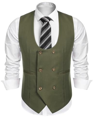 Coofandy Men'S Formal Suit Vest Slim Fit Double Breasted Dress Vest Solid Casual Business Waistcoat,Army Green,Medium cover