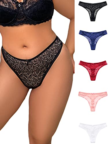 Wdirara Women's Plus Size 5 Packs Lace High Waisted Thong See Through Panty Underwear Multicolor 3Xl #TOP17