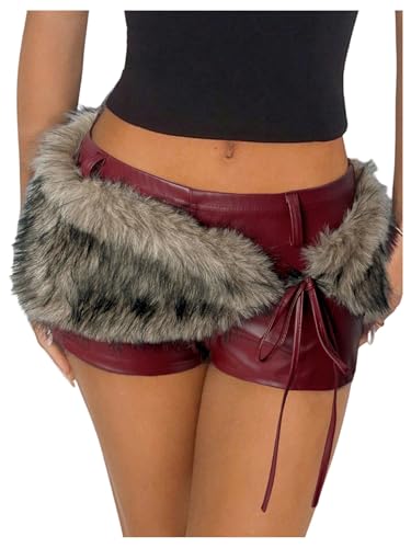 Verdusa Women's Y2K Furry Fuzzy Leather Mini Shorts Rave Club