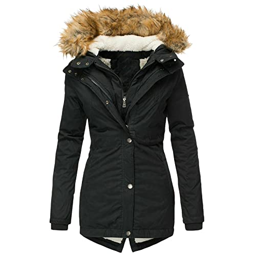 OCCOKO Chaqueta de invierno acolchada para mujer con cuello mullido, abrigo de invierno suelto, chaqueta de plumón, para mujer, cálido invierno, Negro , S